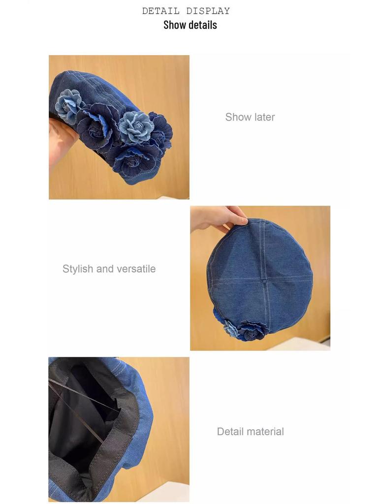 Dámský trendy barevný květinový džínový baret – Módní klobouk zeštíhlující obličej na podzim/zimu