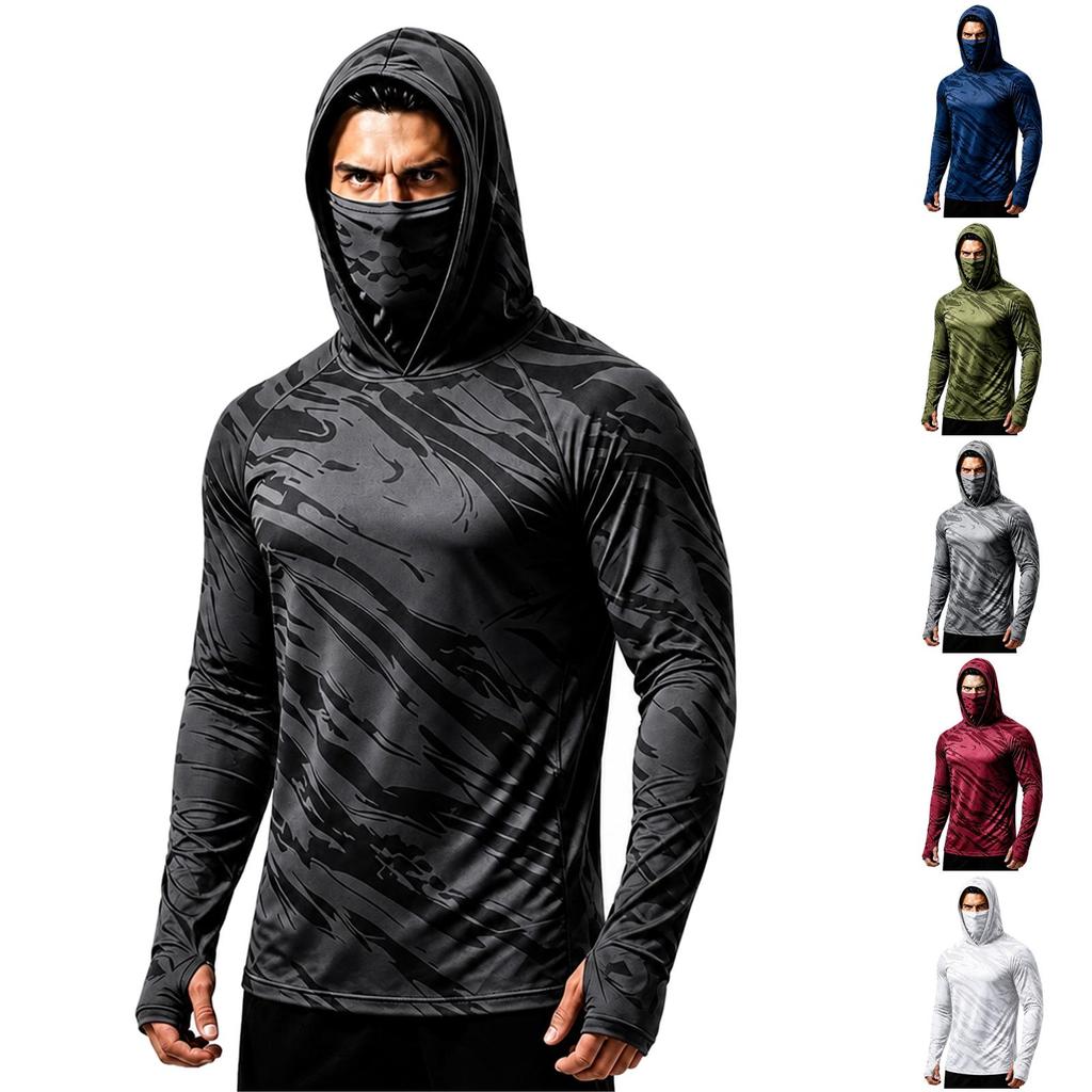 Men's Sports Fishing Hoodie with Built-in Face Long Sleeve Printed Stretch Running Training Shirt