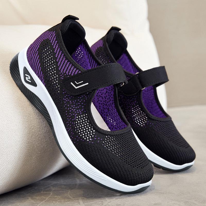 Shoes female middle-aged and old mother shoes shallow mouth breathable flat shoes flying woven casual shoes Velcro walking shoes elderly shoes