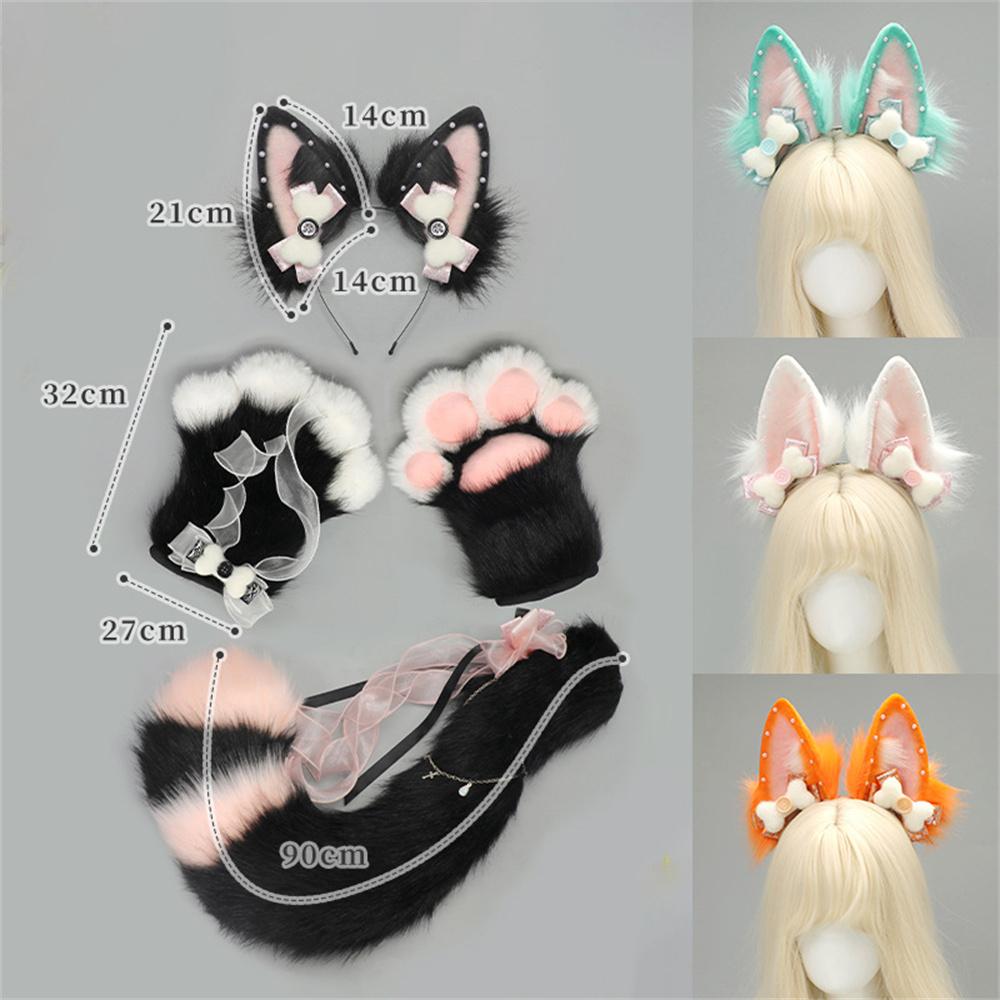 4Pcs/Set Kitsune Fox Ears & Tail & Paw Gloves Plush Anime Cosplay Prop For Lolita Furry Convention Halloween Costume Accessories