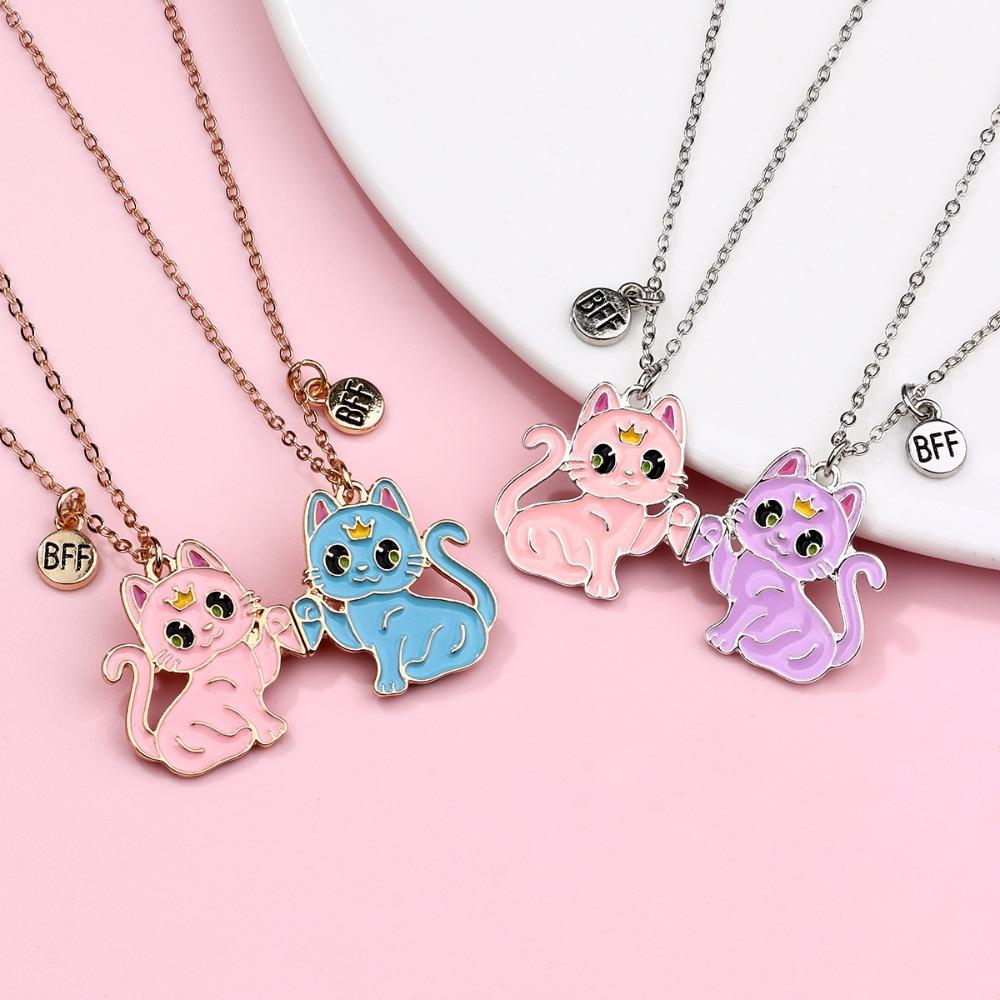 2pcs Set Cute Cartoon Colorful Crown Kitten Magnetic Attraction Pendant Necklace for Girl Child Women Friends Jewelry Sets Gifts