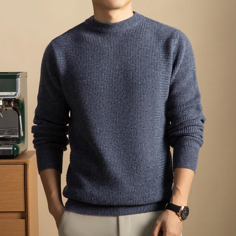 Herrenpullover aus 100 % reiner Wolle, dick gestrickt, Rundhalsausschnitt – warm, weich, bequeme Winter-Basisschicht (2025)