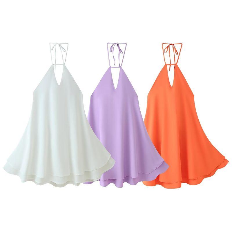 Kaslead New Women clothes Western Style Fashion Simple Loose Three Colors Hanging Neck Backless Short Dress