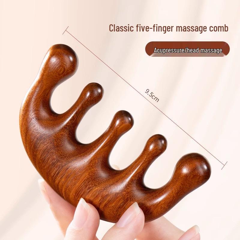 Sandalwood Meridian Anti-Acupoint Five-Finger Massage Comb for Hair Loss, Head & Neck Scraping