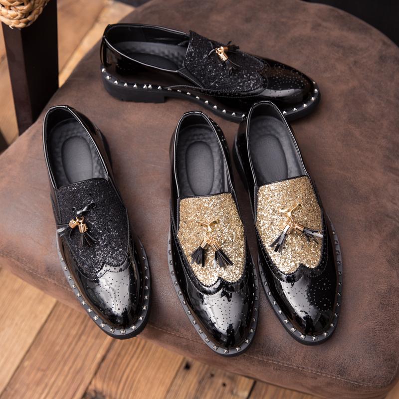 Fashion Patent Casual Leather Designer Gold Stylist Mens Dress Sequins Party Wedding Luxury Italian Oxford Shoes for Men Loafers