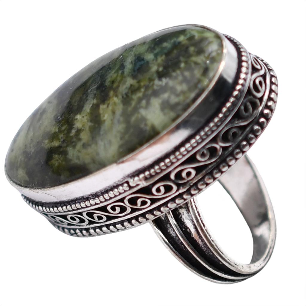 Green Jasper Natural Gemstone Antique Silver Plated Ring US Size-7.5 R645
