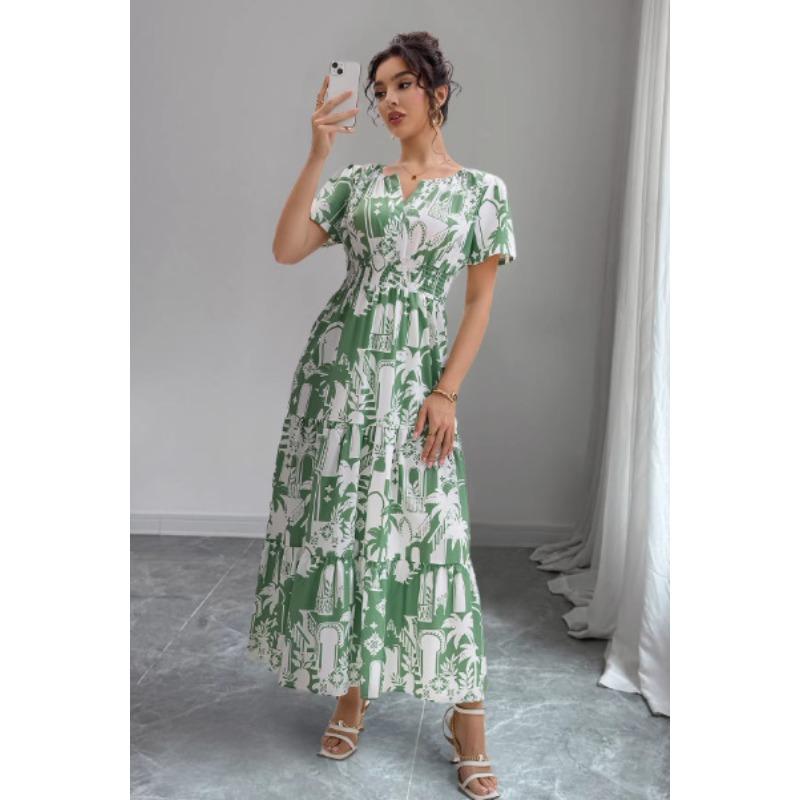 

women s Tropical Palm Print Puff Short Sleeve Smocked Waist Tiered Maxi Dress Vacation Casual Sundress XL світло-зелений колір