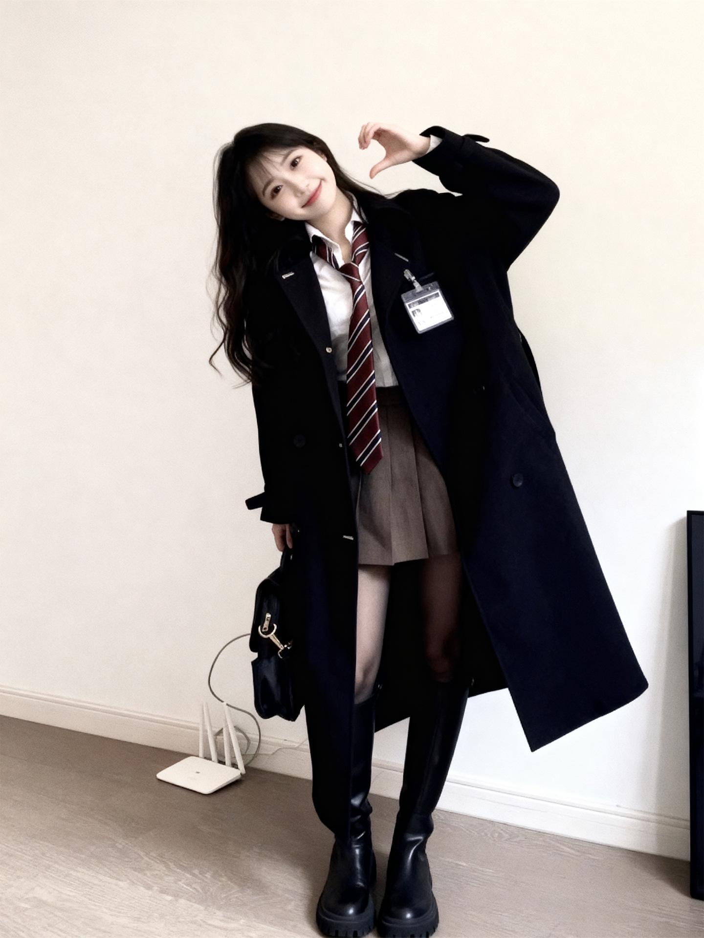 

Женский черный тренч в студенческом стиле - Весна/Осень 2025 Петтит Миди Длина JK Униформа S