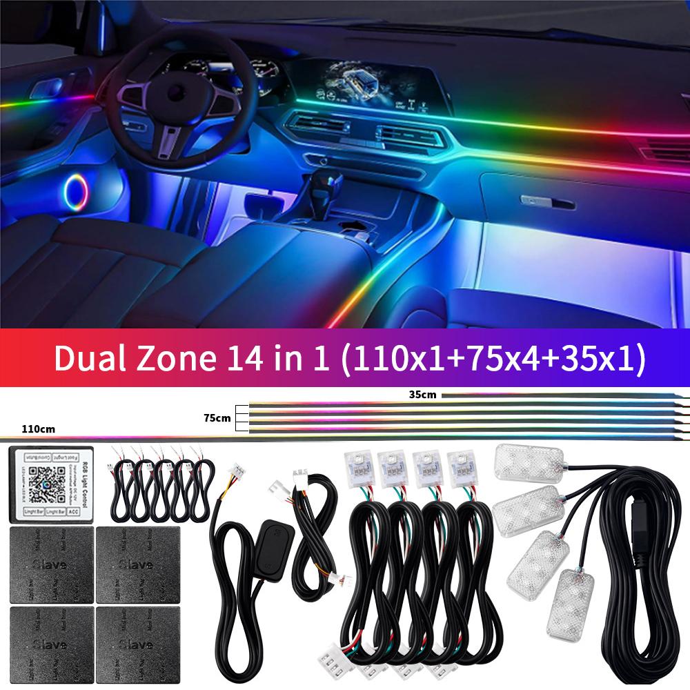 22 In 1 Dual Zone Car LED Ambient Light Symphony Rainbow Streamer Interior Acrylic Strip RGB 64 Color Neon Atmosphere Light 12V