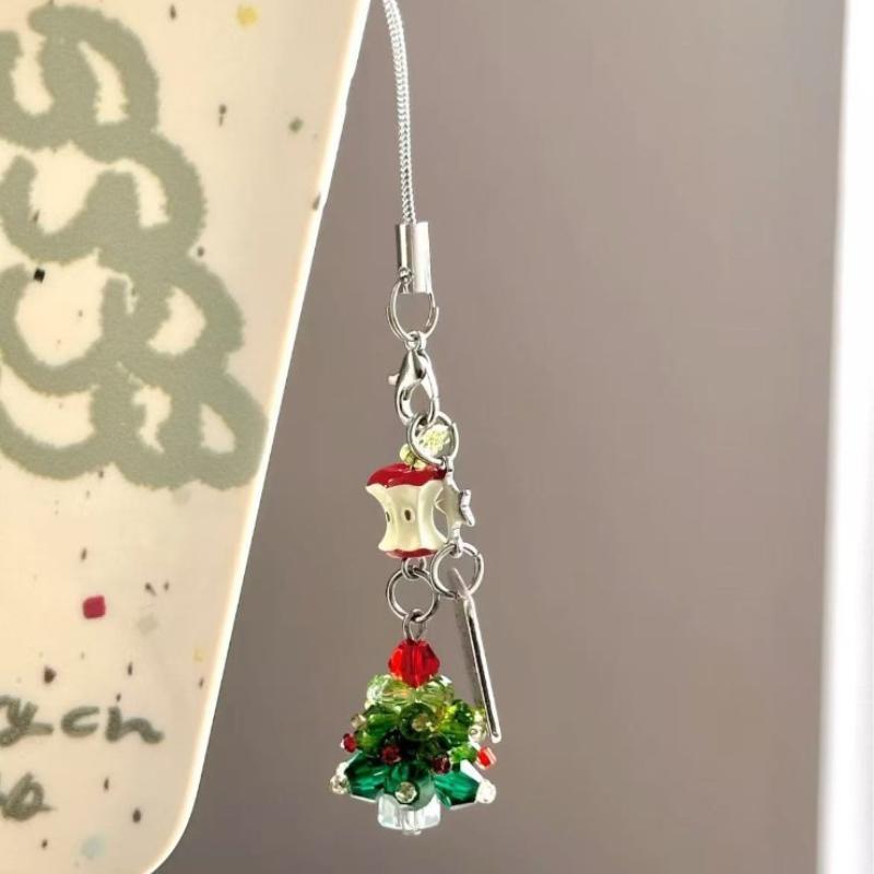 1Pcs 3D Christmas Tree Bead Hanging Rope Mobile Phone Keychain Girl Women Cell Phone Case  Bag Pendant Key Strap Rope