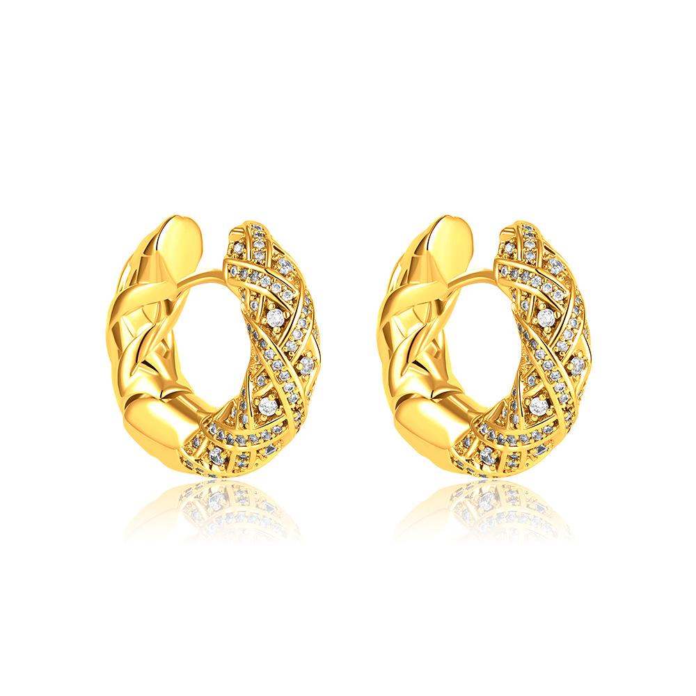18K Gold Retro Light Luxury Zircon Earrings Full Diamond Cross Textured Ear Buckles Geometric Round Earrings Earrings