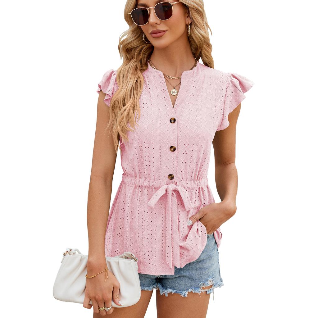 Summer Women's T-shirt Solid Color Button Up Loose T-shirt Top