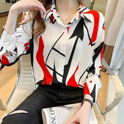 Women's Long Sleeved Chiffon Shirt Fashion Korean Fit Geometric Print Top Large Shirt