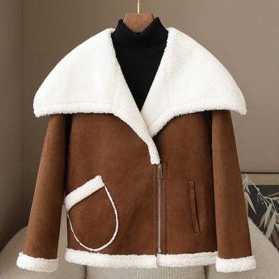 Herbst Damen Lässig Warm Faux Shearling Mantel Großer Revers Motorradjacke
