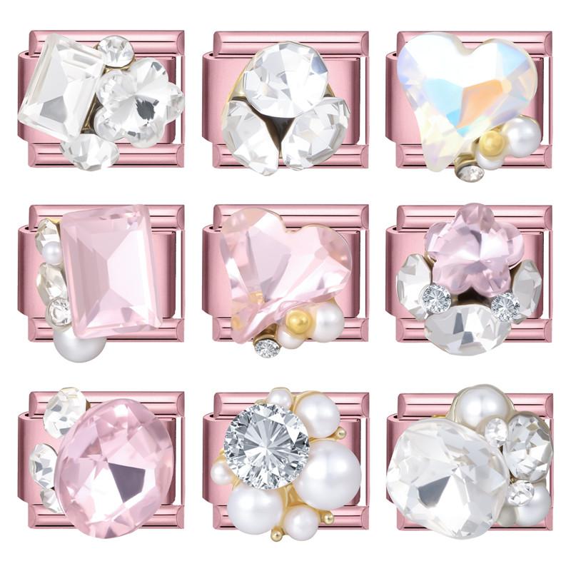 Y2K Pink Glitter Zircon Heart Flowers Rabbit Crystal Italian Charm Fit 9MM Stainless Steel Bracelet Women Men DIY Jewelry Gift