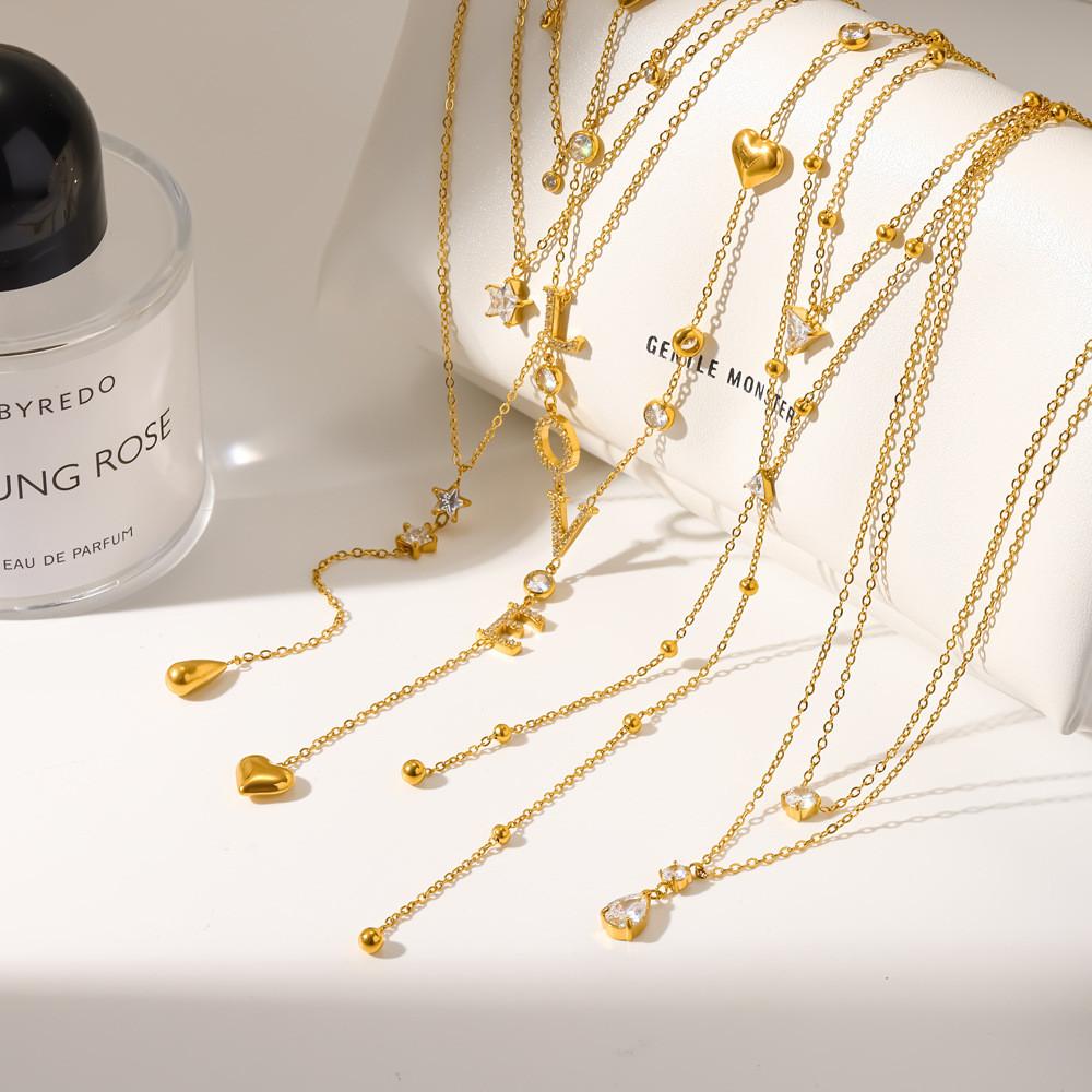 Geometric Water Drop Zircon Necklace With Gold Stainless Steel For Casual Womens Jewelry