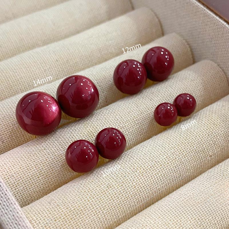 Simple Red Round Bead Earrings for Women with Versatile White and Fashionable Temperament Multi-size Earrings