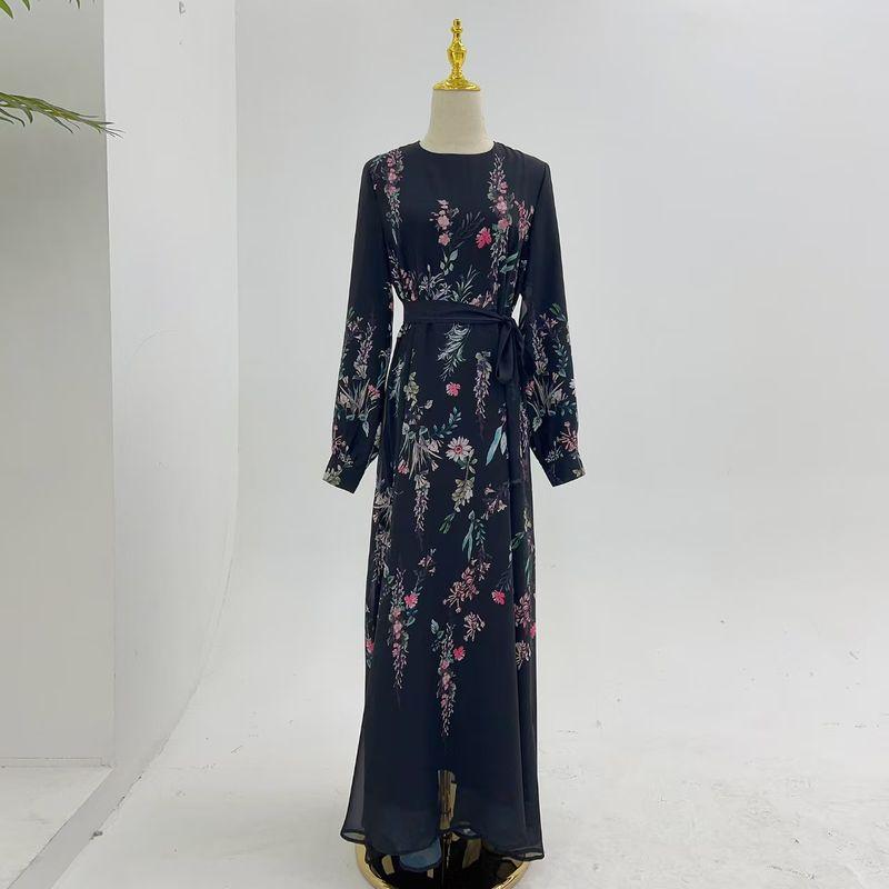 

Fashion New Arrival Fashion Temperament Printed Shoelace Dress round Neck Printed Long Skirt Black 2XL