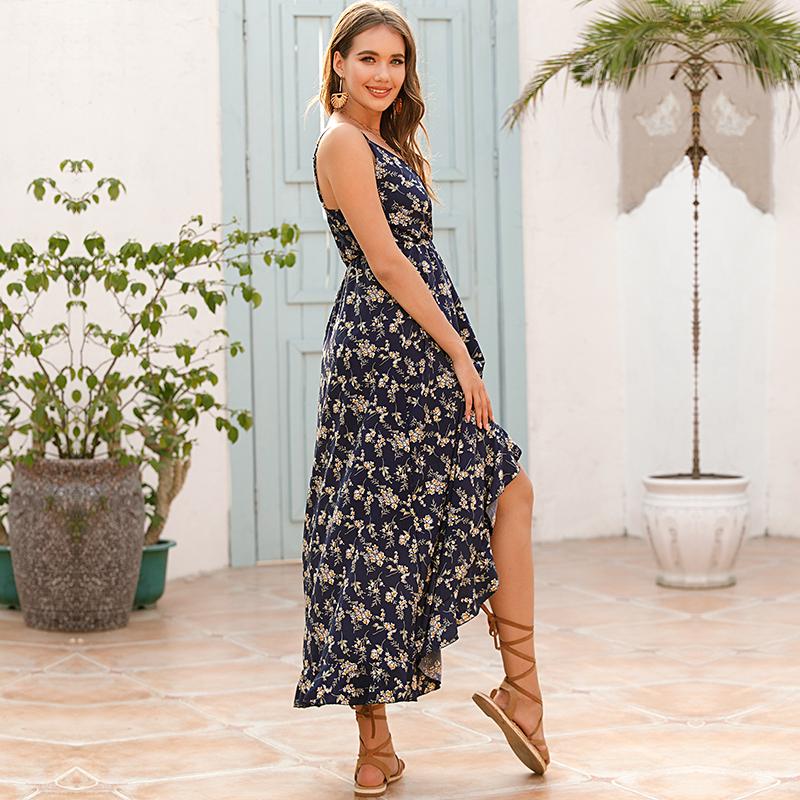 YYFS Dámská móda Letní květinový potisk Podvazky bez rukávů Neformální šaty s výstřihem do V a vysokým pasem