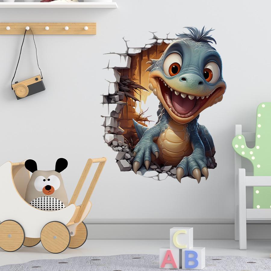 Cartoon Watercolor Cute Dinosaur Breaking Through Wall Stickers, Self-Adhesive Decor for Bedroom Study Room Nursery Decoration