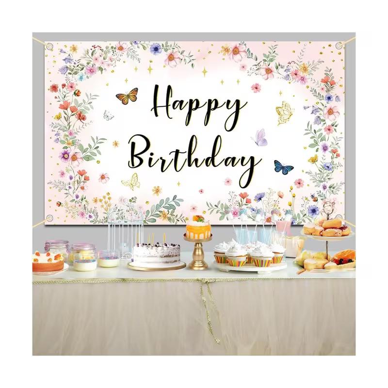 2D Floral Butterfly Happy Birthday Backdrop, Pink Flower Party Photography Background Cloth