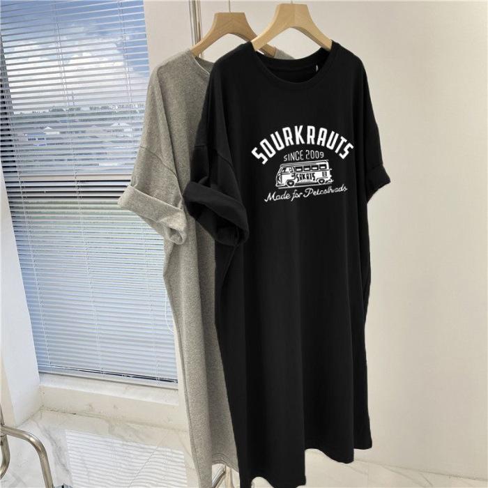 Large size retro chic short-sleeved t-shirt dress women s 2026 new loose and thin medium and long split skirt summer M чёрный