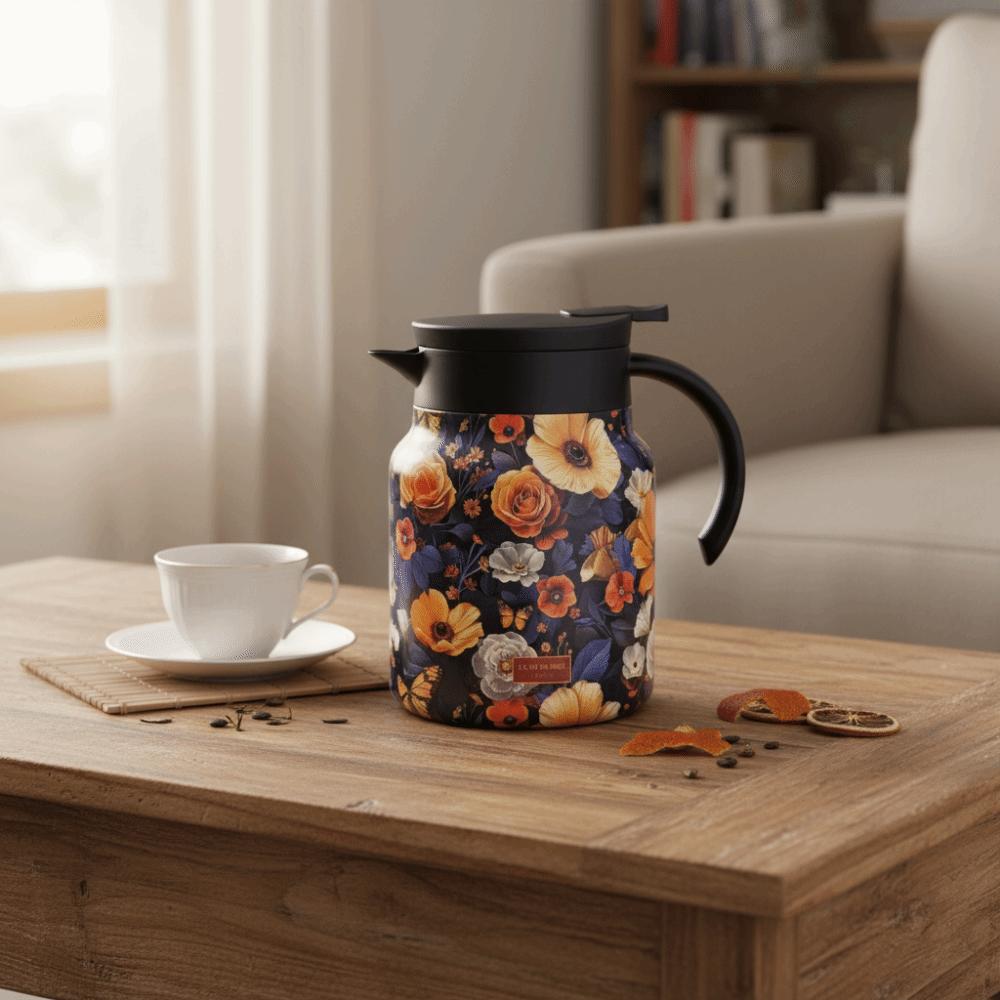1000ml Floral Pattern Tea Kettle with Tea Infuser Vintage Insulated Water Pot National Style 316 Stainless Steel
