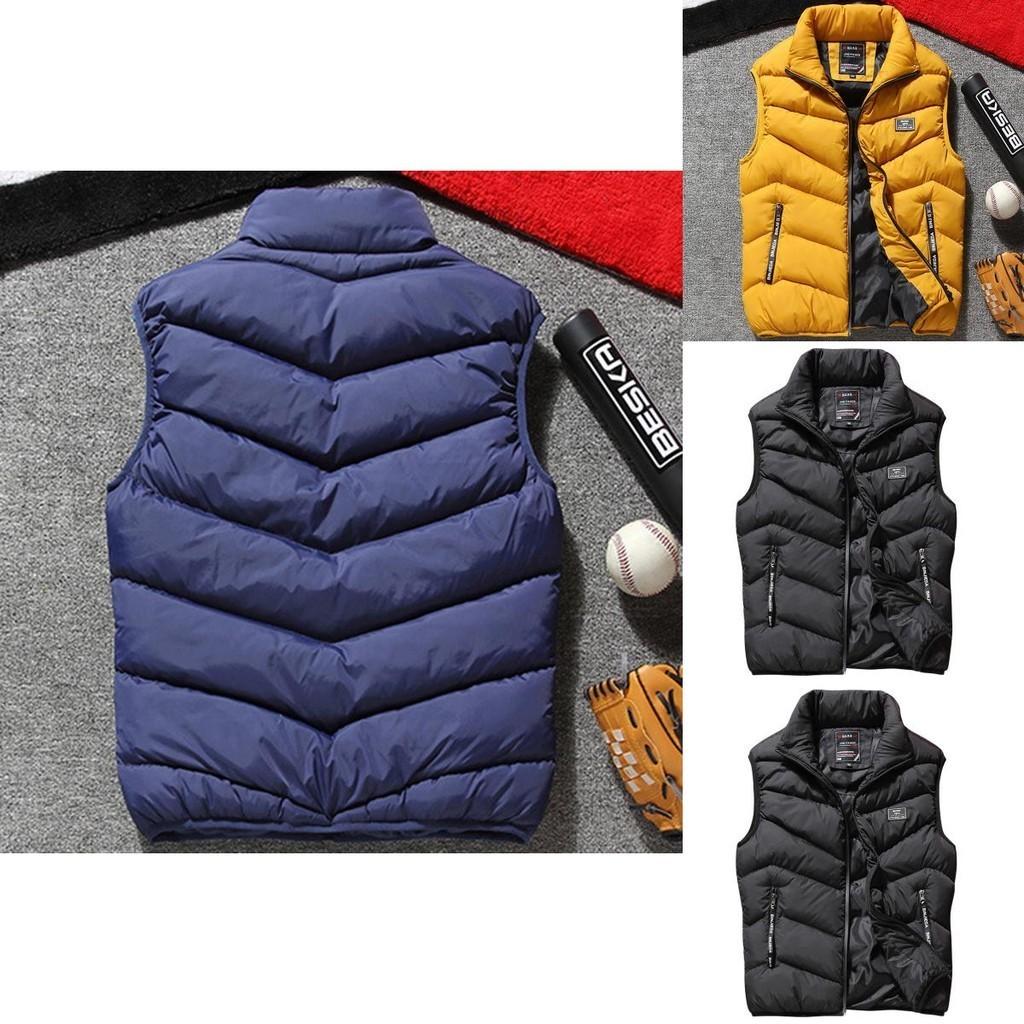 Mens Winter Warm Padded Sleeveless Puffer Jacket With Stand Collar And Zipper Closure