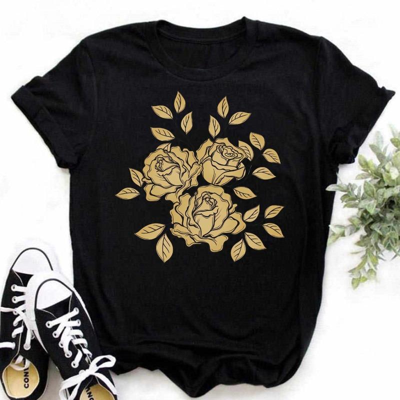 Fashion Gold Rose Print Women T Shirt Harajuku Short Sleeves Tshirts Casual O-neck Top Tee Shirt Women Black T-shirt