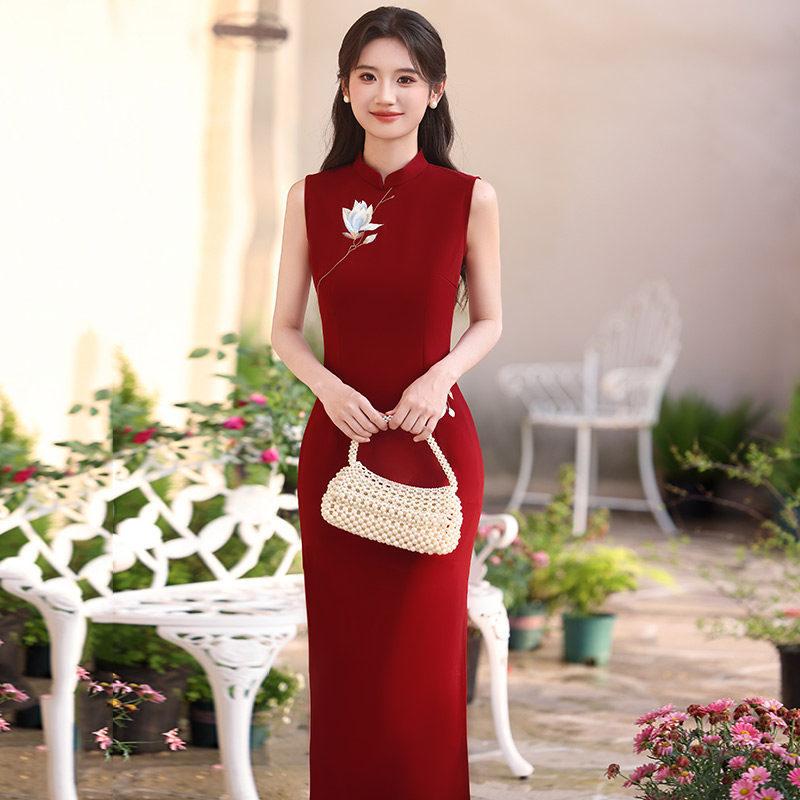 Red sleeveless national style new Chinese daily long cheongsam improved young new women s high sense S