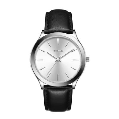BUREI Men's Analog Quartz Watch, Waterproof, Popular, Slim, Simple, Stylish, Business, Casual, Leather Strap (Silver, Black, Leather)