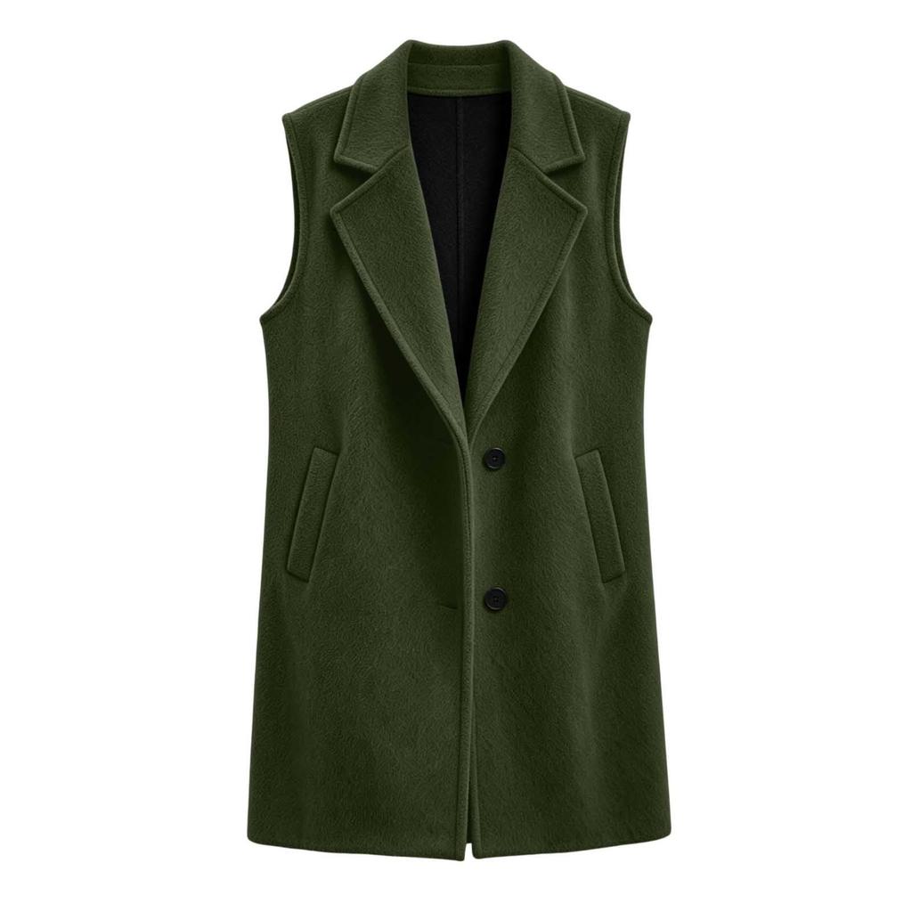 Women's Long Wool Lapel Collar Button Front Vest with Pockets