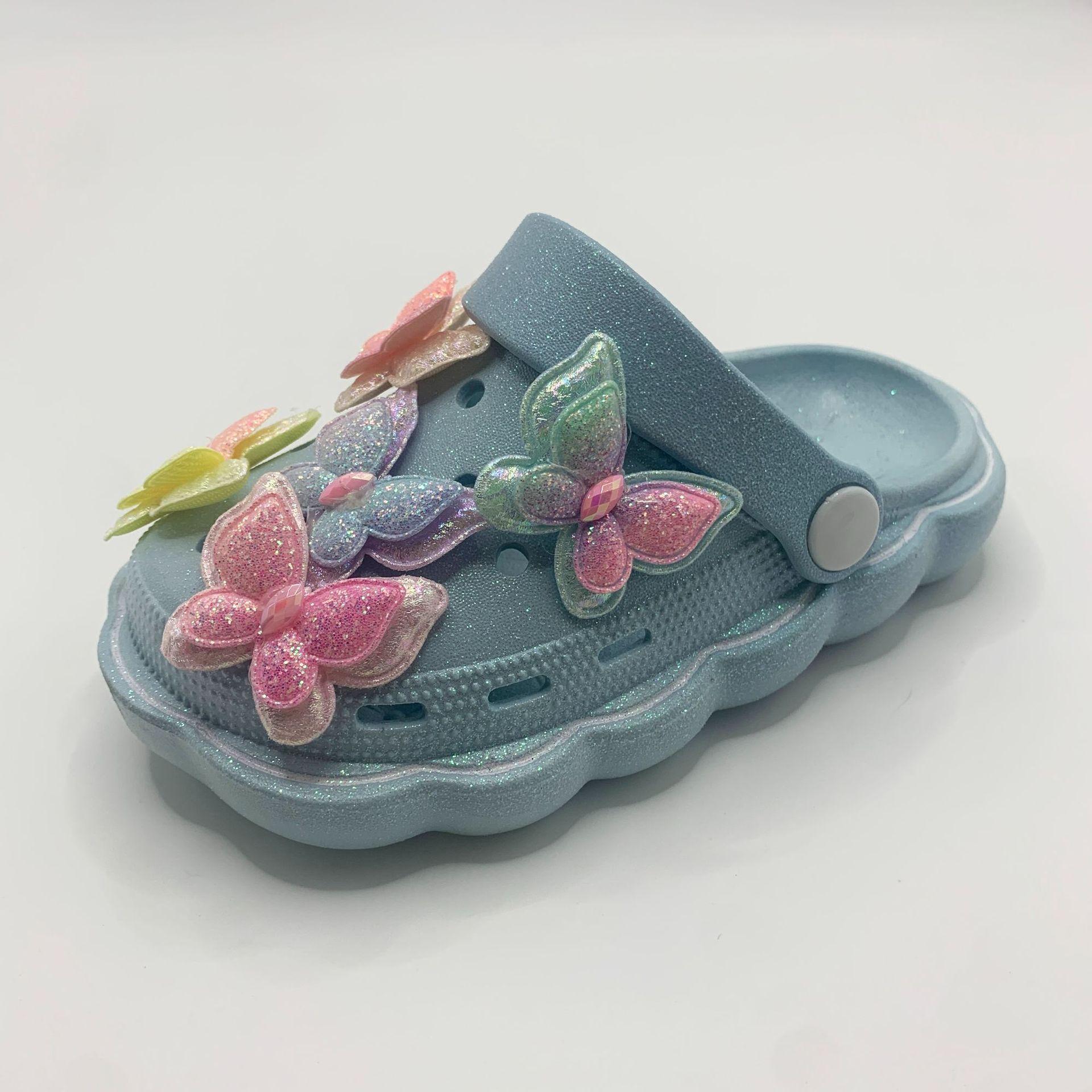 

Children s flat-bottomed hole shoes summer new cartoon butterfly girls boys baby bag head cool slippers outside 28-29 синій