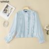 VONDA Women Casual Round Neck Ruffled Lace Hem Loose Long Sleeve Blouse
