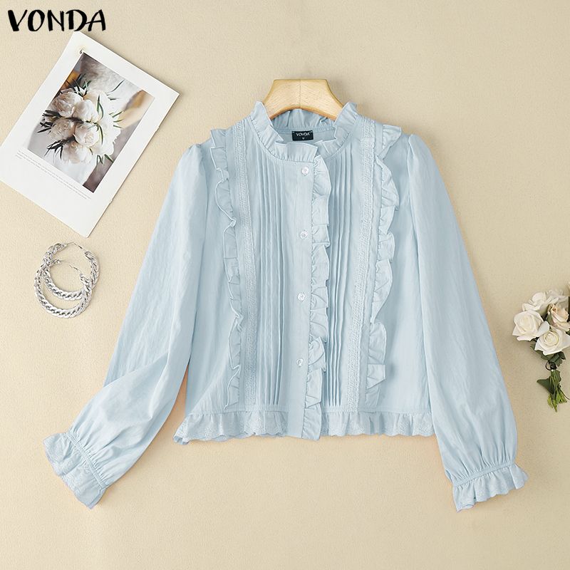 VONDA Women Casual Round Neck Ruffled Lace Hem Loose Long Sleeve Blouse