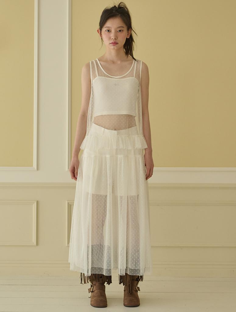 OPENING SUNSHINE Dot See-Through Long Layered Mesh Dress_Ivory