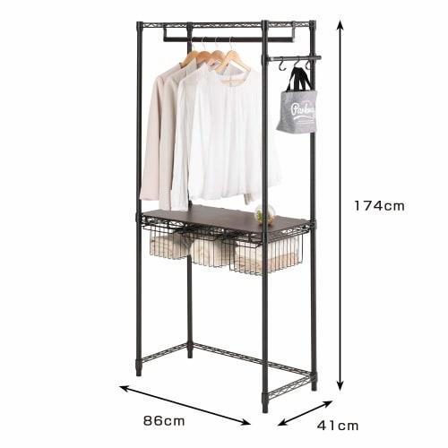 Doshisha Luminous Noir Clothes Rack, Black, 80cm Wide, Casters, Drawers, S-Hooks, Pole, and Seat, Large Capacity Wardrobe Storage, Sturdy, U-Shaped Ba