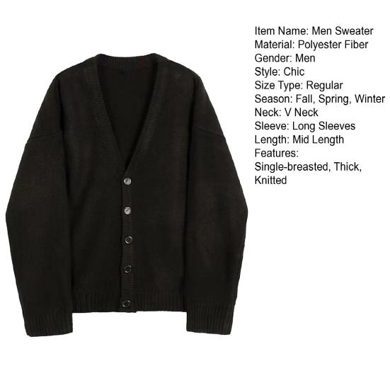 Fall Winter Men Sweater Cardigan V Neck Knit Thick Elastic Long Sleeves Loose Preppy Style Warm Solid Color Knitwear Daily Wear Sweater Coat