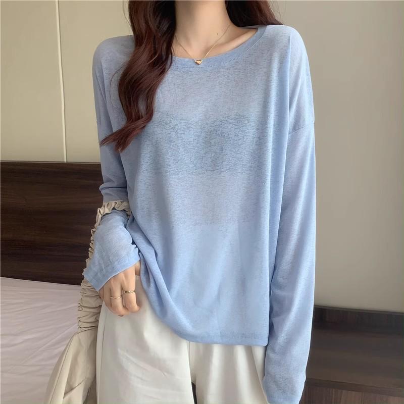 Women’s Long Sleeve Sunscreen T-Shirt - Loose White, Slim Round Neck, Korean Cotton Bottoming Shirt