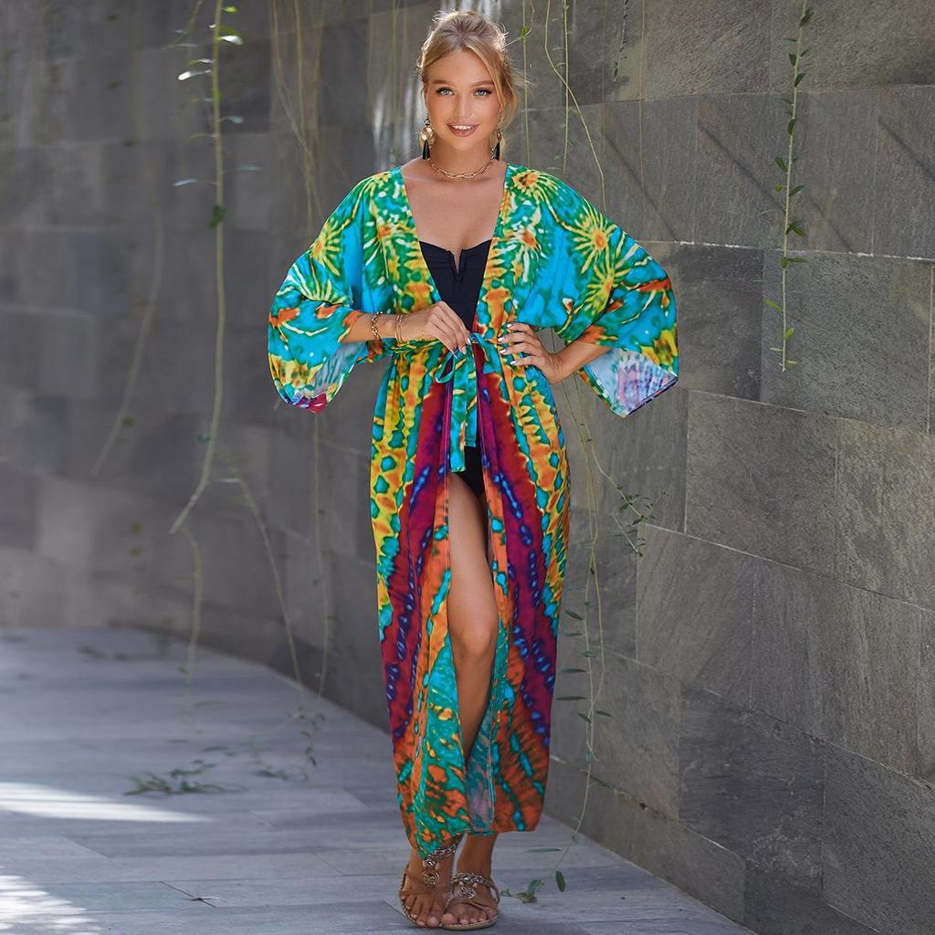 2023 European & American Rayon Waist Tie Beach Cover-up Sun Protection Cardigan for Women - Swimsuit and Bikini Outerwear