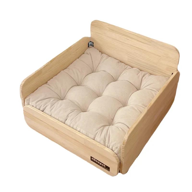 Solid Wood Pet Bed for Cats & Dogs Elevated Dog Sofa with Cushion Ground Moisture-proof Teddy Bed All-Season Universal Pet House