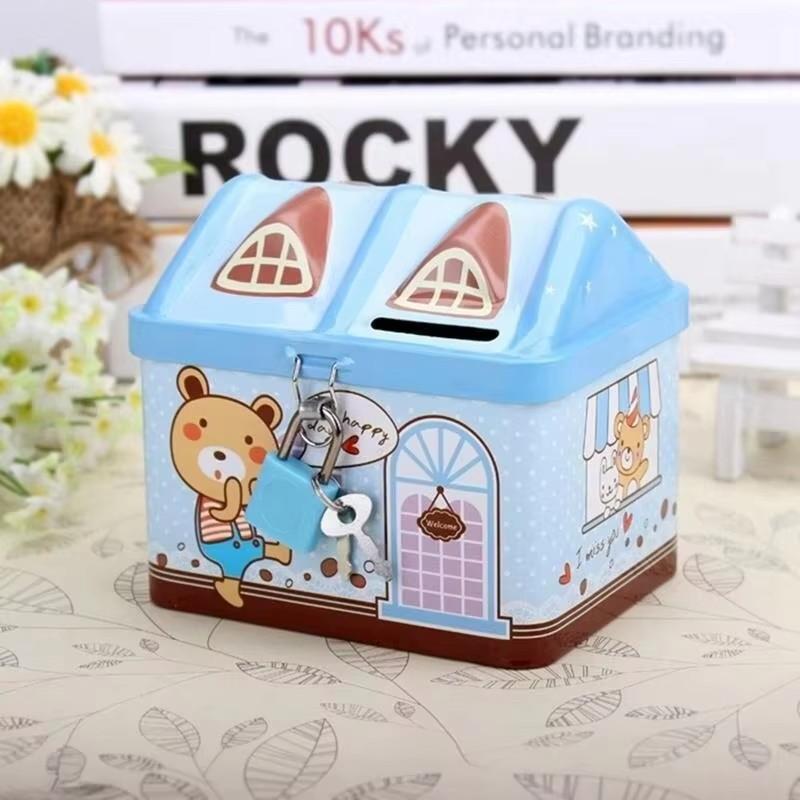 1Pc Cute Bear House Piggy Bank Box Mini Metal Bank Currency Coin Boxes For Children'S Savings Tank Birthday And Christmas Gifts