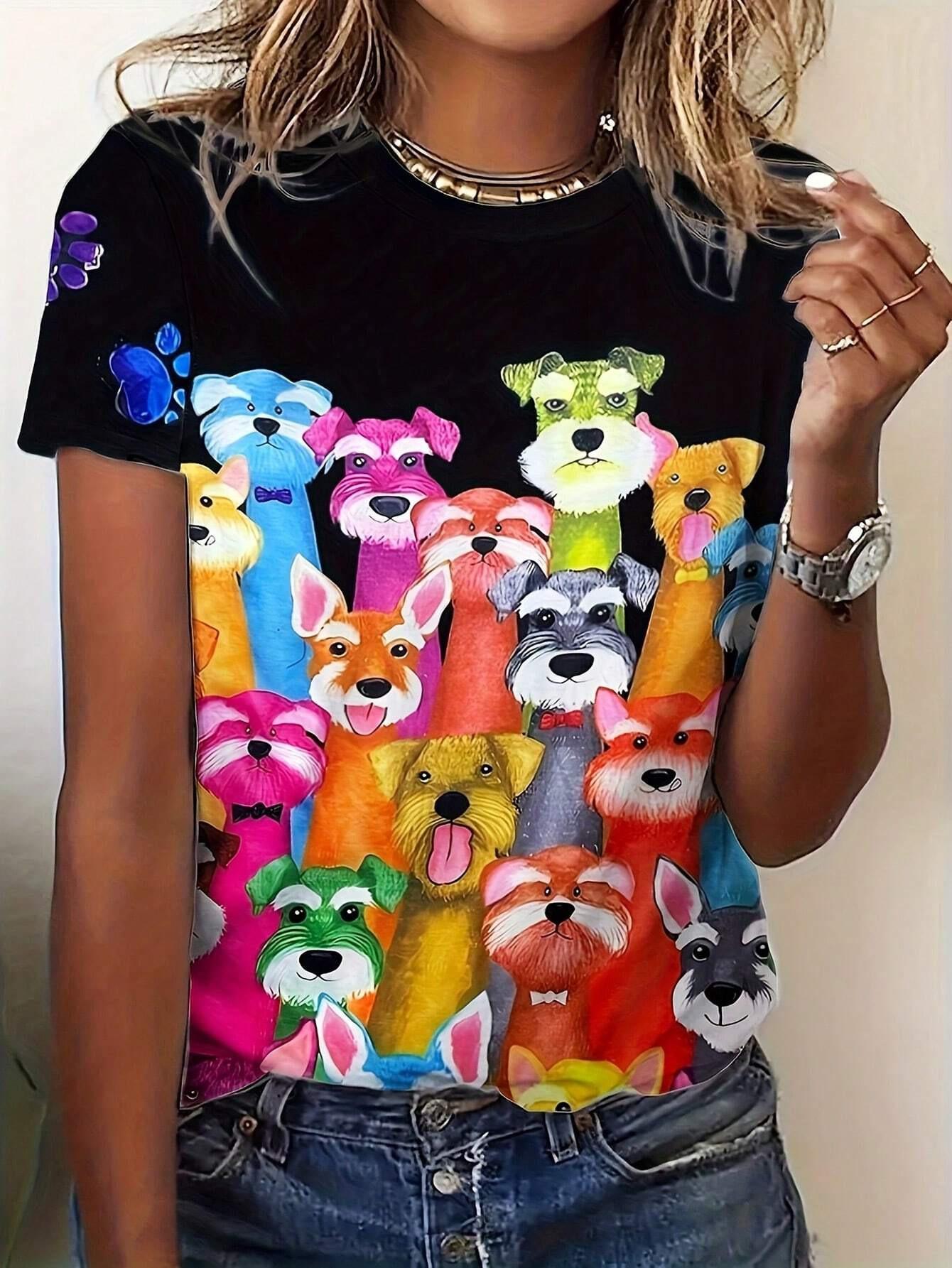 

Summer Round Neck Cute Animal Pattern 3D Print Top Fashionable Casual Short Sleeved Women s T-shirts XS