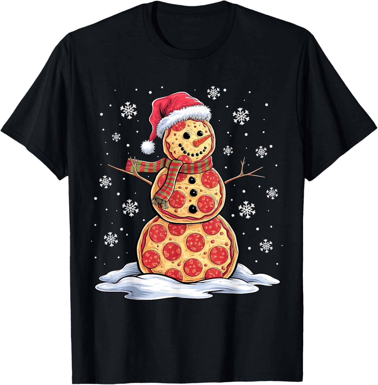 Pizza Snowman Christmas T-Shirt Funny Pepperoni Santa Hat Holiday Graphic Tee 4XL