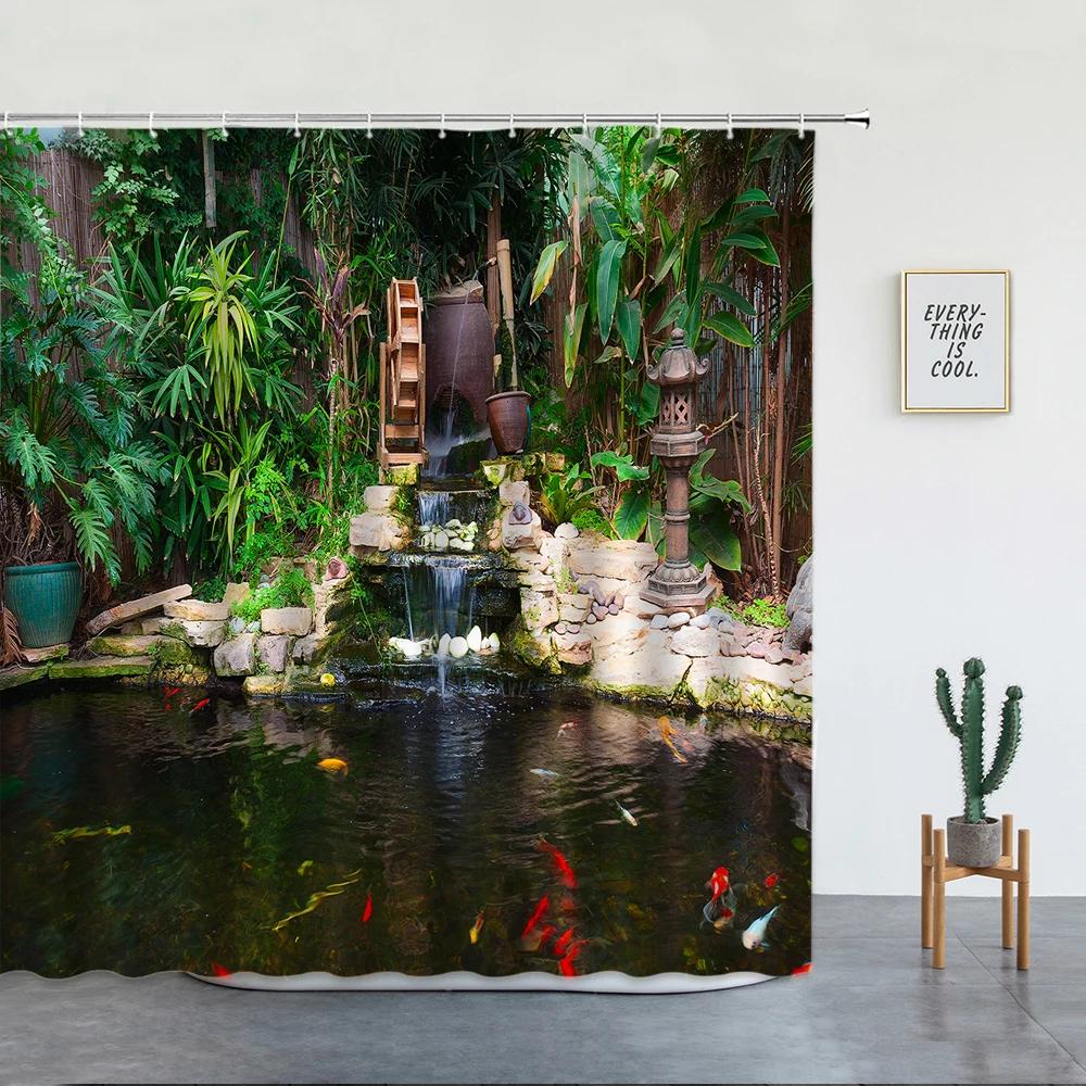 Spring Garden Landscape Shower Curtains Green Plants Flowers Creek Natural Scenery Bath Curtains Bathroom Decor With Hooks