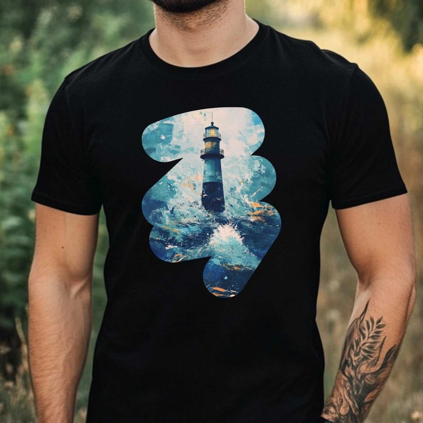 T-Shirt Herren Blauer Leuchtturm Motiv Baumwolle Größe XS bis 5XL XXL