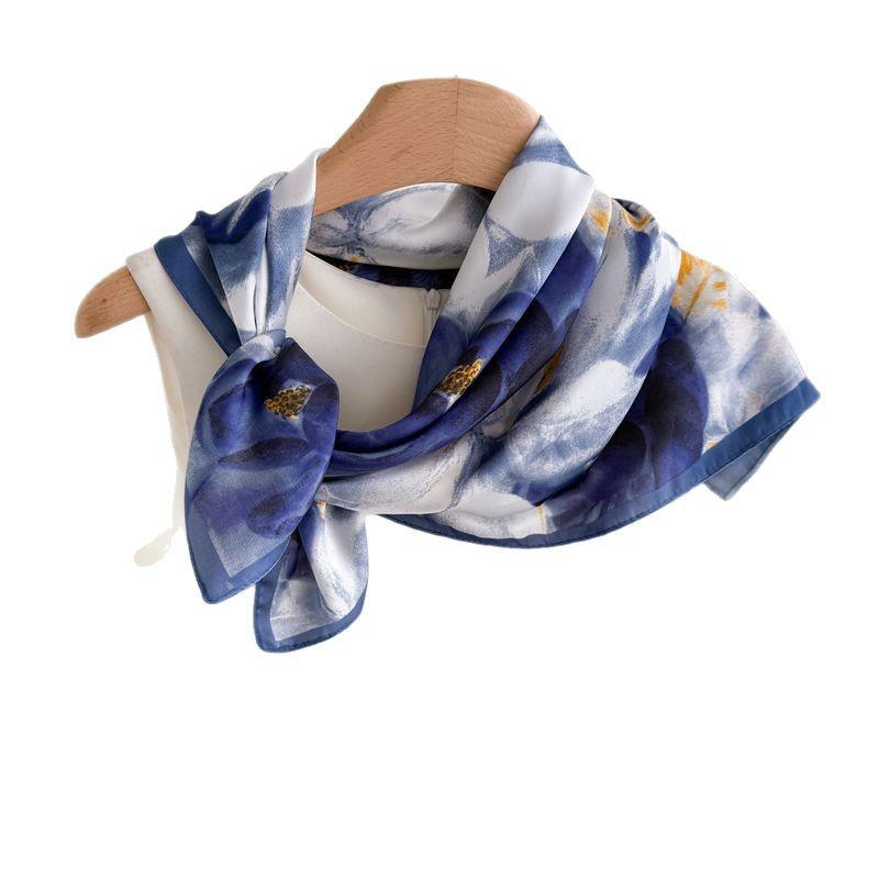 Blue Rhyme Flower Shadow Printed Silk Scarf Square Scarf High-End Shawl Versatile Neck Small Square Scarf Headscarf