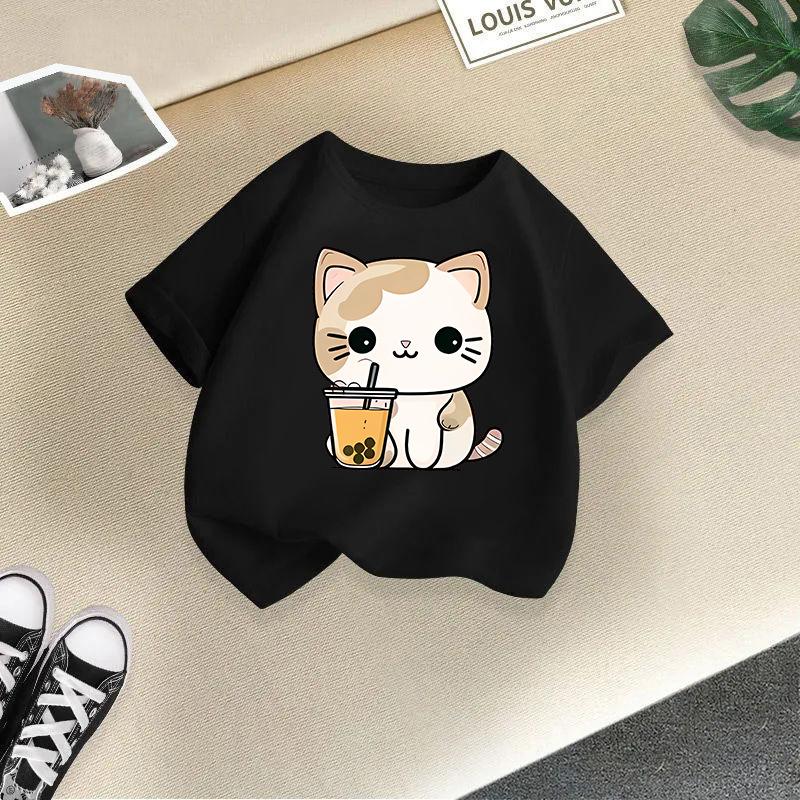 Children's Casual Short-sleeved T-shirt - Summer Boys' and Girls' Casual Cute Cat T-shirt