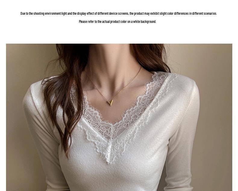 Elegant V-Neck Lace Trim Low-Neck Slimming White Top for Women - Autumn/Winter Innerwear