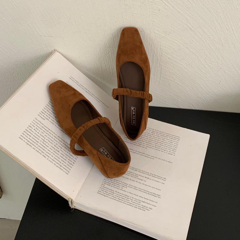 Retro firkantet tå grunt utringet enkle sko dame vår ny fransk semsket skinn mild fe myk flate Mary Jane-sko